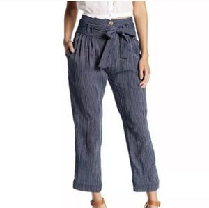 Free People Highwaist Blue & White Crinkle Denim Paper Bag Pants